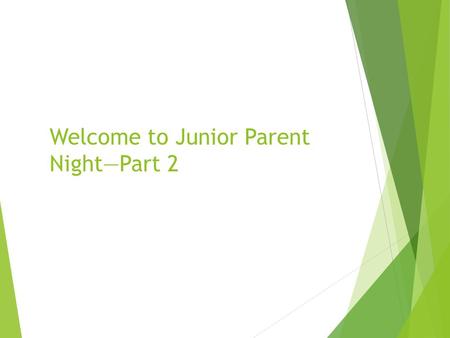 Welcome to Junior Parent Night—Part 2. “What should we be doing?” A timeline for success through the college process.