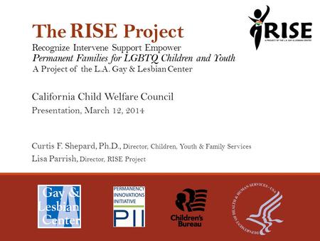 The RISE Project Recognize Intervene Support Empower Permanent Families for LGBTQ Children and Youth A Project of the L.A. Gay & Lesbian Center California.