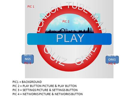 SETTI NGS PIC 3 NETW ORKS PIC 4 PIC 1 PIC1 = BACKGROUND PIC 2 = PLAY BUTTON PICTURE & PLAY BUTTON PIC 3 = SETTINGS PICTURE & SETTINGS BUTTON PIC 4 = NETWORKS.