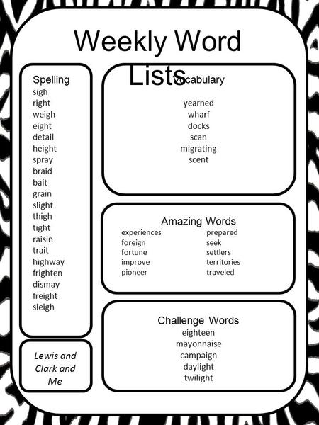 Weekly Word Lists Spelling Vocabulary Amazing Words Challenge Words