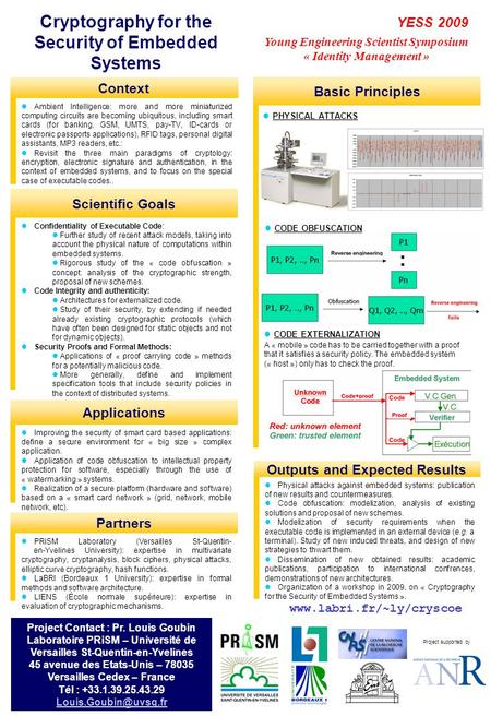 Project supported by YESS 2009 Young Engineering Scientist Symposium « Identity Management » Cryptography for the Security of Embedded Systems Ambient.