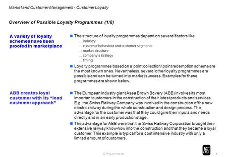 1 Market and Customer Management - Customer Loyalty 02 Programmes.ppt Overview of Possible Loyalty Programmes (1/8) The structure of loyalty programmes.