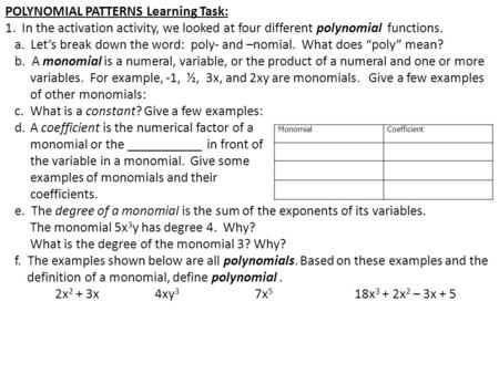 POLYNOMIAL PATTERNS Learning Task: