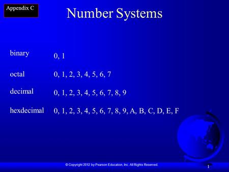 © Copyright 2012 by Pearson Education, Inc. All Rights Reserved. 1 Number Systems 0, 1 0, 1, 2, 3, 4, 5, 6, 7 0, 1, 2, 3, 4, 5, 6, 7, 8, 9 0, 1, 2, 3,