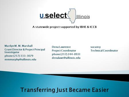 A statewide project supported by IBHE & ICCB Marilyn M. M. Marshall Grant Director & Project Principal Investigator phone (217) 333-3079