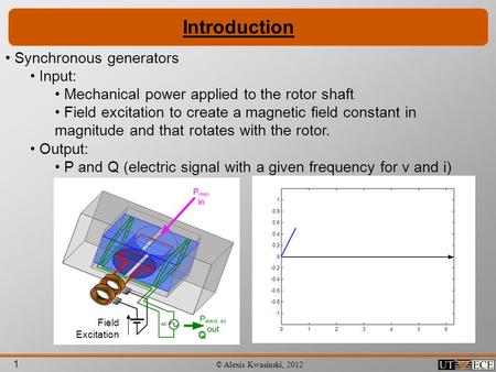 1 © Alexis Kwasinski, 2012 Introduction Field Excitation Q Synchronous generators Input: Mechanical power applied to the rotor shaft Field excitation to.