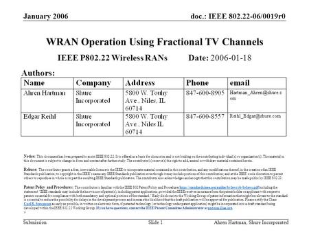 Doc.: IEEE 802.22-06/0019r0 Submission January 2006 Ahren Hartman, Shure IncorporatedSlide 1 WRAN Operation Using Fractional TV Channels IEEE P802.22 Wireless.