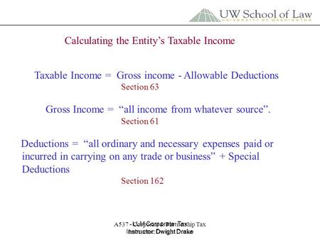 A537 - Corporate & Partnership Tax Instructor: Dwight Drake LLM Corporate Tax Instructor: Dwight Drake Calculating the Entity’s Taxable Income Taxable.