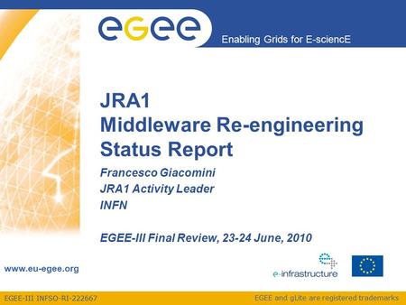 EGEE-III INFSO-RI-222667 Enabling Grids for E-sciencE www.eu-egee.org EGEE and gLite are registered trademarks Francesco Giacomini JRA1 Activity Leader.