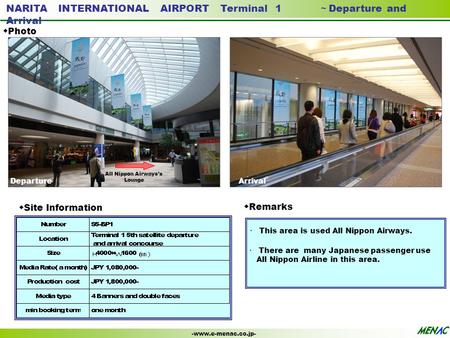 -www.e-menac.co.jp- NARITA INTERNATIONAL AIRPORT Terminal 1 ～ Departure and Arrival ～ ◆ Photo ・ This area is used All Nippon Airways. ◆ Site Information.