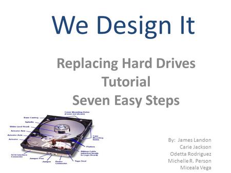 We Design It Replacing Hard Drives Tutorial Seven Easy Steps By: James Landon Carie Jackson Odetta Rodriguez Michelle R. Person Miceala Vega.