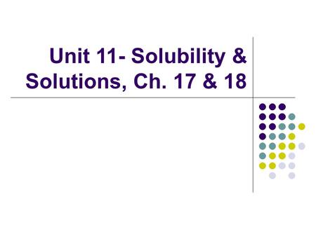 Unit 11- Solubility & Solutions, Ch. 17 & 18. I. Water A. The Molecule 1. O—H bond is highly polar 2. Bond angle 105° making it Bent shaped 3. Water Molecule.