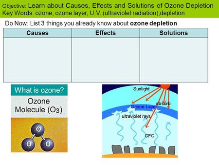 Key Words: ozone, ozone layer, U.V. (ultraviolet radiation),depletion