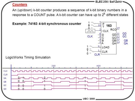 ELEC 256 / Saif Zahir UBC / 2000 Counters An (up/down) k-bit counter produces a sequence of k-bit binary numbers in a response to a COUNT pulse. A k-bit.