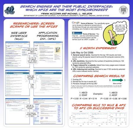 Search Engines and their Public Interfaces: Which APIs are the Most Synchronized? Frank McCown and Michael L. Nelson Department of Computer Science, Old.