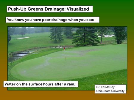 Push-Up Greens Drainage: Visualized You know you have poor drainage when you see: Dr. Ed McCoy Ohio State University Water on the surface hours after a.