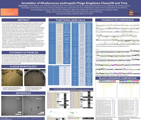 Four novel Rhodococcus erythropolis phages were isolated from northeast Louisiana area soil samples. To date, Rhodoccocus phages Chewy VIII and Trina have.