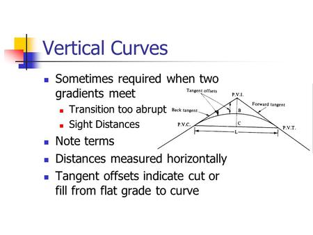 Vertical Curves Sometimes required when two gradients meet Note terms