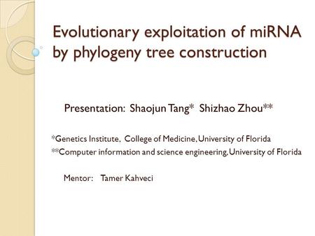 Evolutionary exploitation of miRNA by phylogeny tree construction Presentation: Shaojun Tang* Shizhao Zhou** *Genetics Institute, College of Medicine,