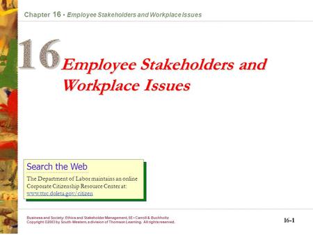 Business and Society: Ethics and Stakeholder Management, 5E Carroll & Buchholtz Copyright ©2003 by South-Western, a division of Thomson Learning. All.