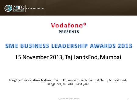 1www.zaraadvisory.com 15 November 2013, Taj LandsEnd, Mumbai Long term association. National Event. Followed by such event at Delhi, Ahmedabad, Bangalore,