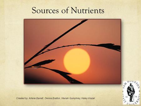 Sources of Nutrients Created by: Arlene Barrett, Dennis Bratton, Mariah Gumphrey, Haley Vrazel.