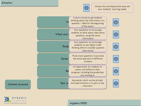 What are the possibilities? Content covered Algebra GFED Situation Some more to try Reflection Thinking harder Warm up Test yourself cards A short activity.