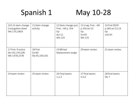 Spanish 1 May 10-28 10 E-IE stem change Conjugation sheet Wb 170,186 B 11 Stem change activity 12 Stem change quiz Pret. –AR p. 354 Gp Act 12 Wb 134 13.