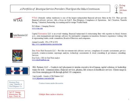 A Portfolio of Boutique Service Providers That Span the M&A Continuum. 1 WTAS (formerly Arthur Anderson) is one of the largest independent financial advisory.
