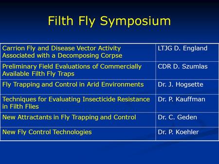 Filth Fly Symposium Carrion Fly and Disease Vector Activity Associated with a Decomposing Corpse LTJG D. England Preliminary Field Evaluations of Commercially.