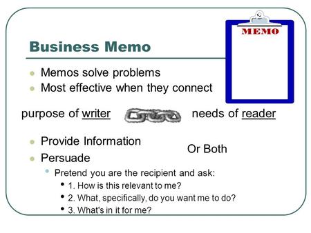 Business Memo purpose of writer needs of reader Memos solve problems