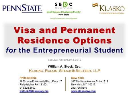 William A. Stock, Esq. Klasko, Rulon, Stock & Seltzer, LLP Philadelphia New York 1800 John F. Kennedy Blvd., Floor 17317 Madison Avenue, Suite 1518 Philadelphia,