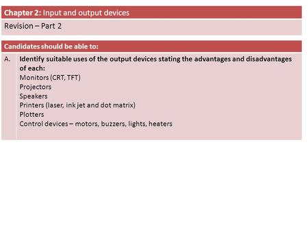 Chapter 2: Input and output devices Revision – Part 2