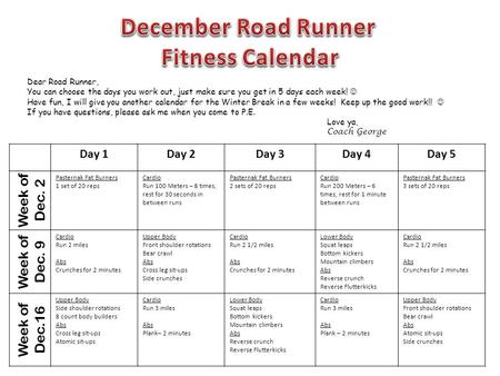 Day 1Day 2Day 3Day 4Day 5 Week of Dec. 2 Pasternak Fat Burners 1 set of 20 reps Cardio Run 100 Meters – 8 times, rest for 30 seconds in between runs Pasternak.