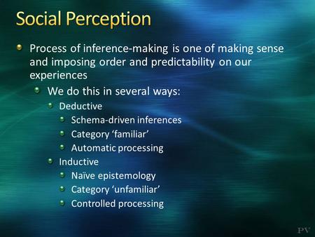 PV Process of inference-making is one of making sense and imposing order and predictability on our experiences We do this in several ways: Deductive Schema-driven.