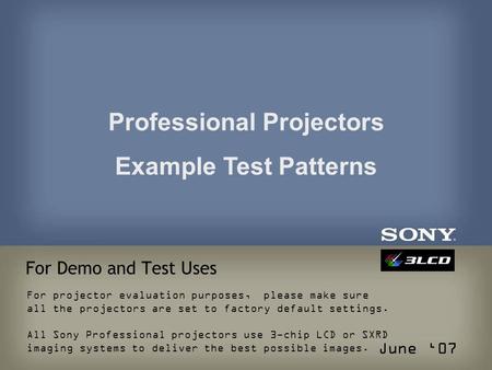 Professional Projectors Example Test Patterns For Demo and Test Uses June ‘07 For projector evaluation purposes, please make sure all the projectors are.