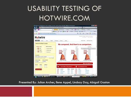 USABILITY TESTING OF HOTWIRE.COM Presented By: Julian Archer, Ilene Appel, Lindsay Day, Abigail Gaston.