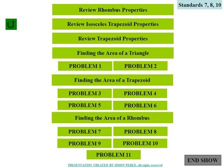 1 Standards 7, 8 Review Rhombus Properties Review Isosceles Trapezoid Properties Review Trapezoid Properties Finding the Area of a Triangle PROBLEM 1 PROBLEM.