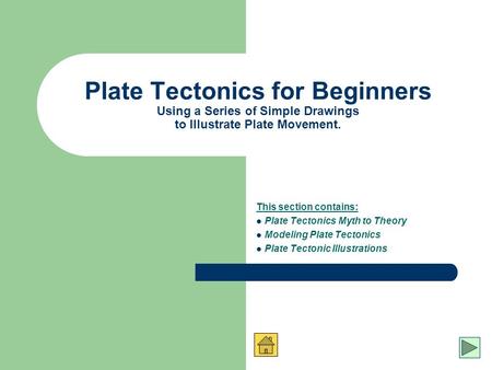 Plate Tectonics for Beginners Using a Series of Simple Drawings to Illustrate Plate Movement. This section contains: Plate Tectonics Myth to Theory Modeling.