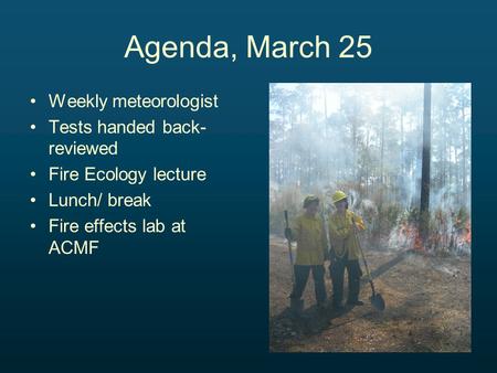 Agenda, March 25 Weekly meteorologist Tests handed back- reviewed Fire Ecology lecture Lunch/ break Fire effects lab at ACMF.