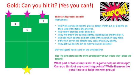 Gold: Can you hit it? (Yes you can!) The Stars represent people! Instructions: The Pink stars each need to place a target worth 1,3, or 5 points on their.