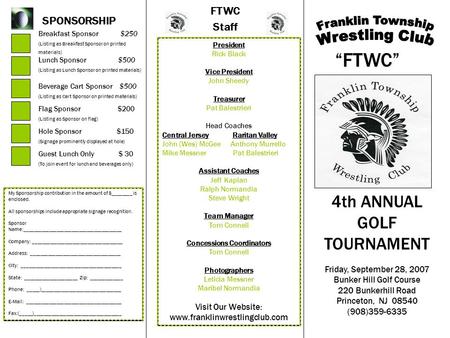 FTWC Staff SPONSORSHIP Breakfast Sponsor $250 (Listing as Breakfast Sponsor on printed materials) Lunch Sponsor $500 (Listing as Lunch Sponsor on printed.