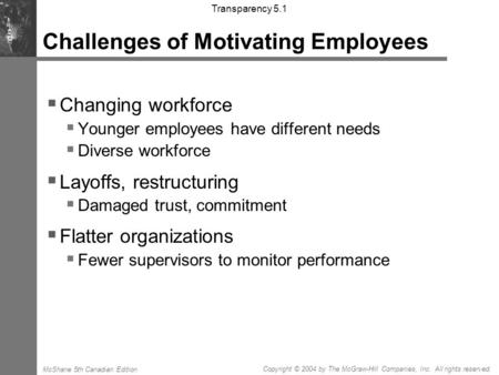 Copyright © 2004 by The McGraw-Hill Companies, Inc. All rights reserved. McShane 5th Canadian Edition Transparency 5.1 Challenges of Motivating Employees.