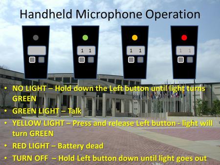 Handheld Microphone Operation NO LIGHT – Hold down the Left button until light turns GREEN NO LIGHT – Hold down the Left button until light turns GREEN.