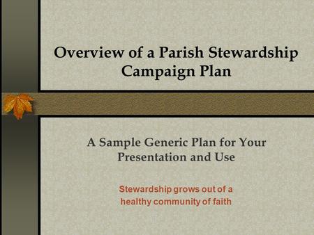 Overview of a Parish Stewardship Campaign Plan A Sample Generic Plan for Your Presentation and Use Stewardship grows out of a healthy community of faith.