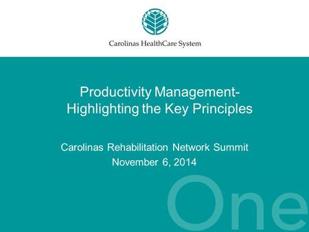 Productivity Management- Highlighting the Key Principles Carolinas Rehabilitation Network Summit November 6, 2014.