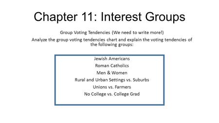 Chapter 11: Interest Groups Group Voting Tendencies (We need to write more!) Analyze the group voting tendencies chart and explain the voting tendencies.