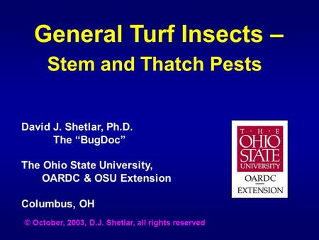 General Turf Insects – Stem and Thatch Pests David J. Shetlar, Ph.D. The “BugDoc” The Ohio State University, OARDC & OSU Extension Columbus, OH © October,