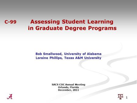 1 C-99 Assessing Student Learning in Graduate Degree Programs C-99 Assessing Student Learning in Graduate Degree Programs Bob Smallwood, University of.