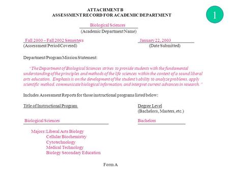 ATTACHMENT B ASSESSMENT RECORD FOR ACADEMIC DEPARTMENT __________________________ (Academic Department Name) Biological Sciences _________________________.